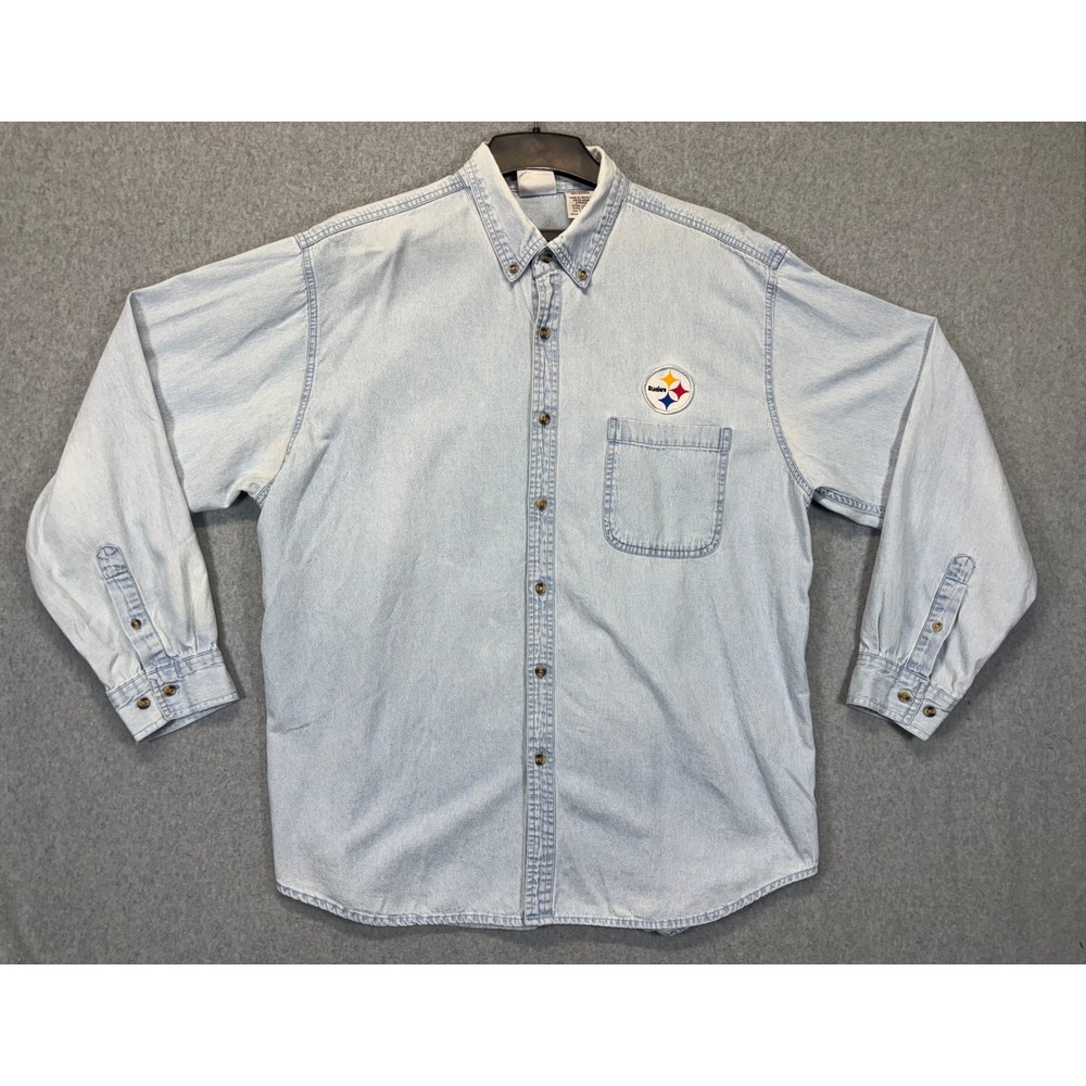 Vintage 1998 Pittsburgh Steelers The Edge Light Wash Denim Shirt XL Mens NFL